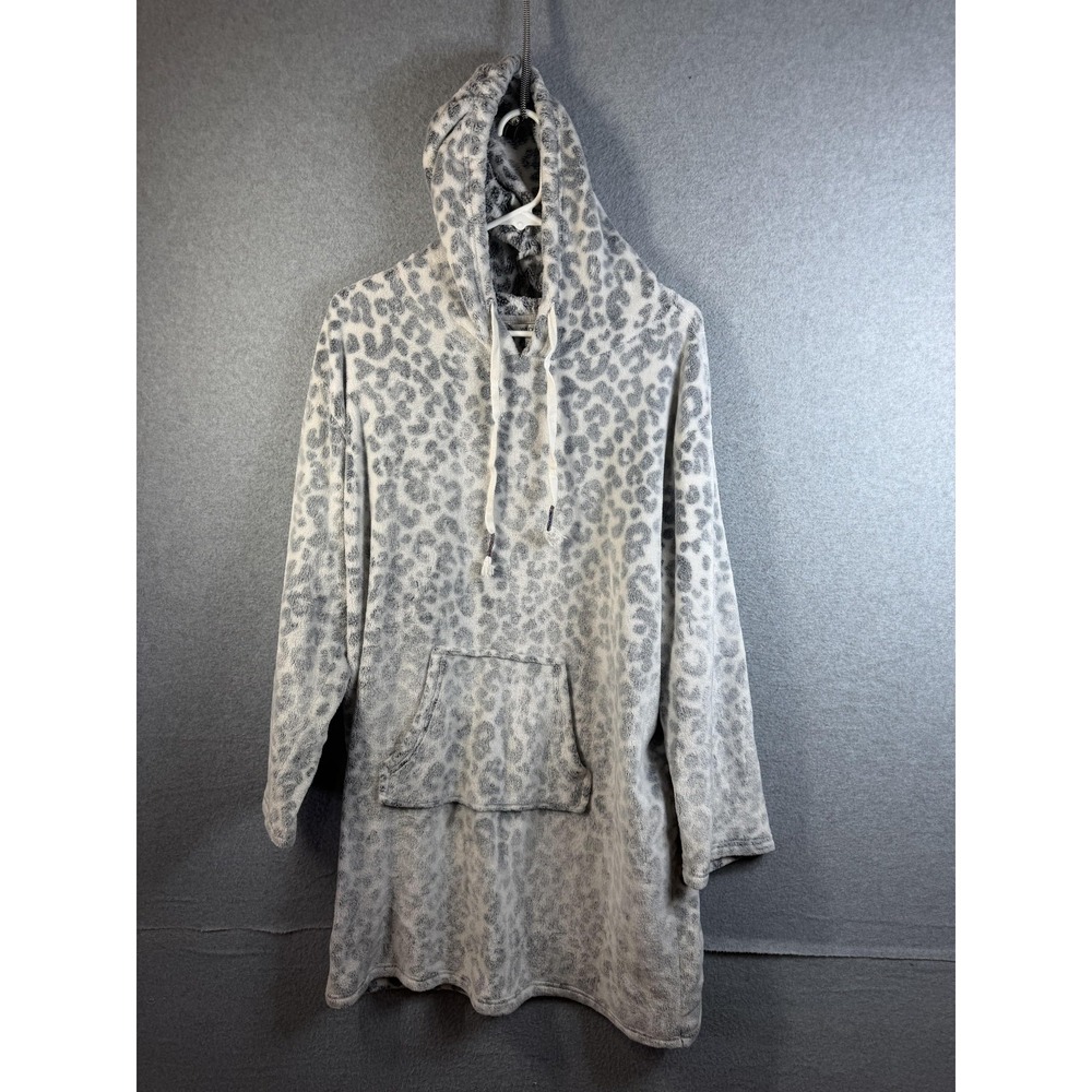 Wildfox Hoodie Womens L/XL Gray Leopard Print Fleece Pullover Kangaroo Pocket